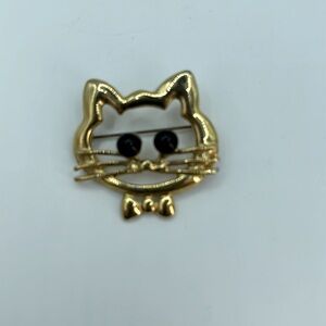 Vintage Cat Kitten Kitty Face Brooch Gold Tone Black Bead Eyes Whiskers Bow Tie